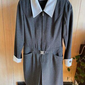 Classy tailored dress, dark grey with white color Sz small